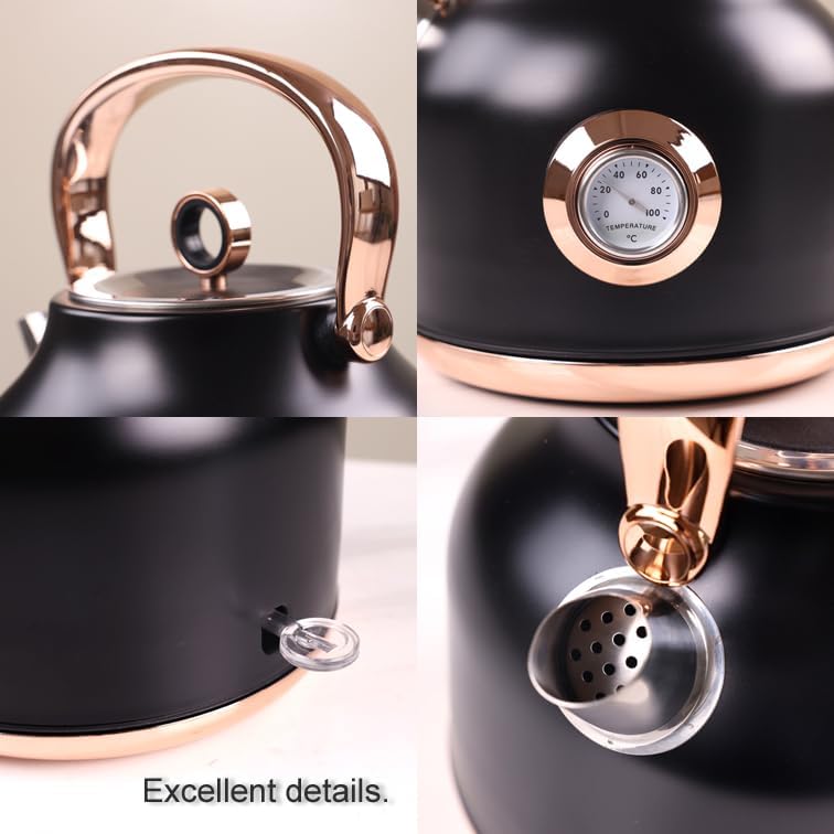 Black kettle with rose gold accents on a light background