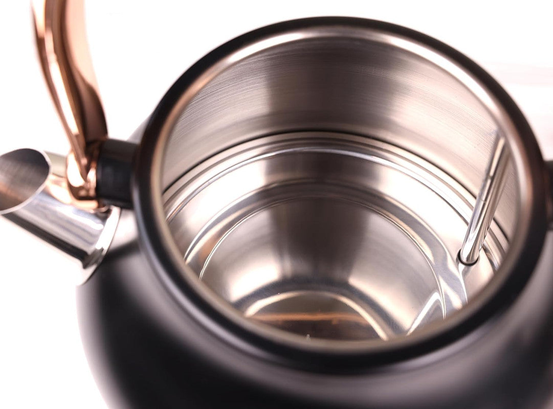 Close-up of a black and rose gold teapot with a clear interior.