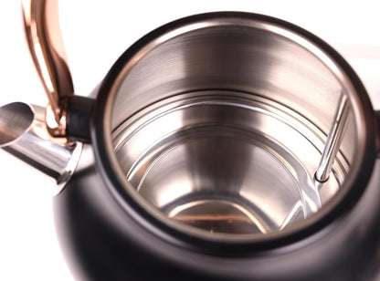 Close-up of a black and rose gold teapot with a clear interior.