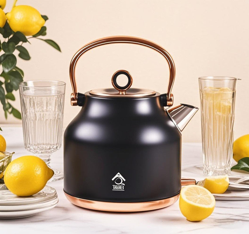 Black electric kettle with copper handle and base on a table with lemons and glasses.