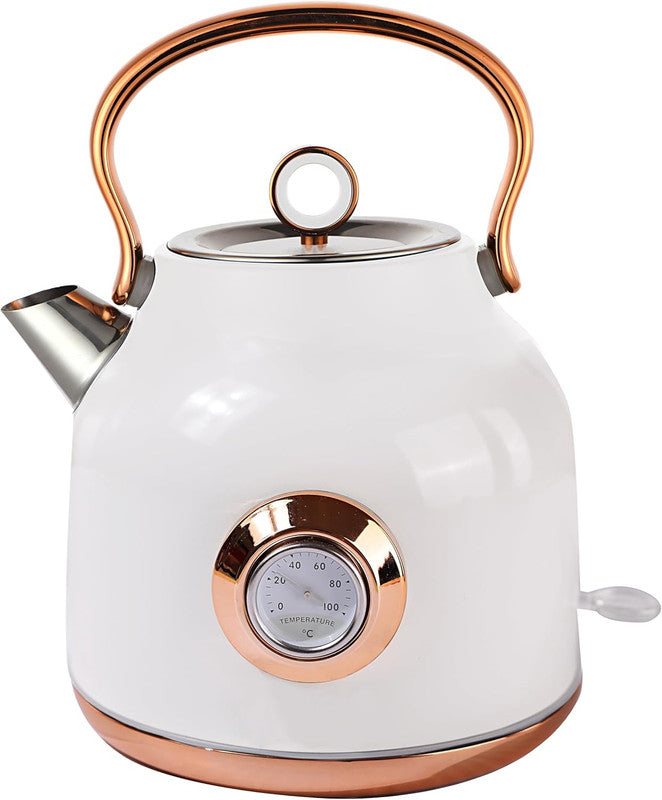 White electric kettle with rose gold accents on a white background