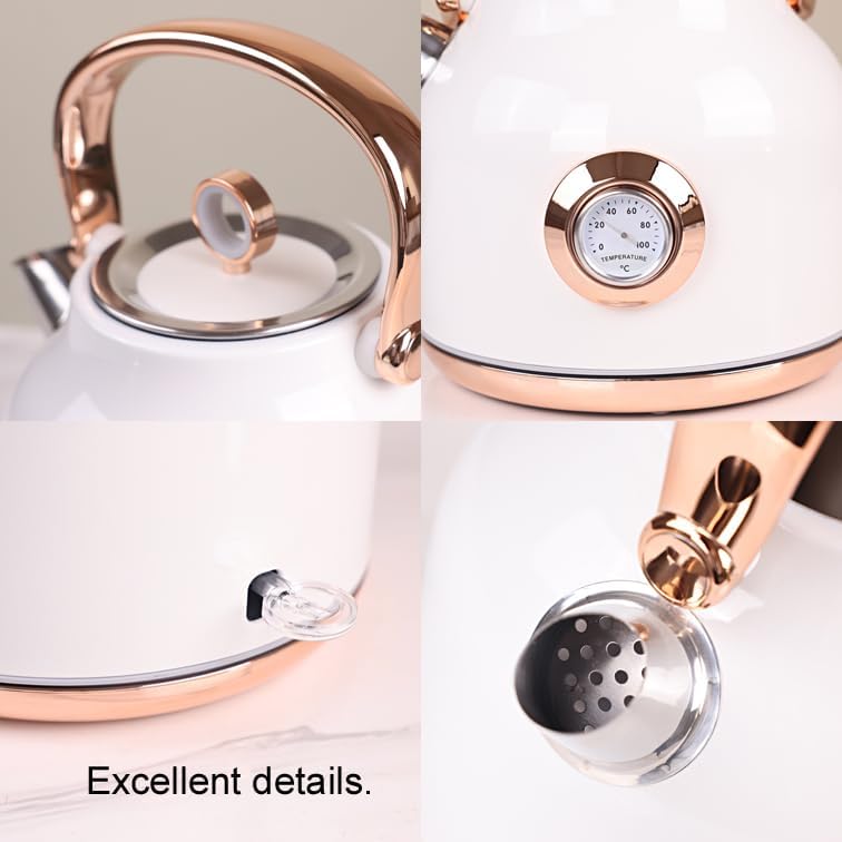 White electric kettle with rose gold accents on a light background