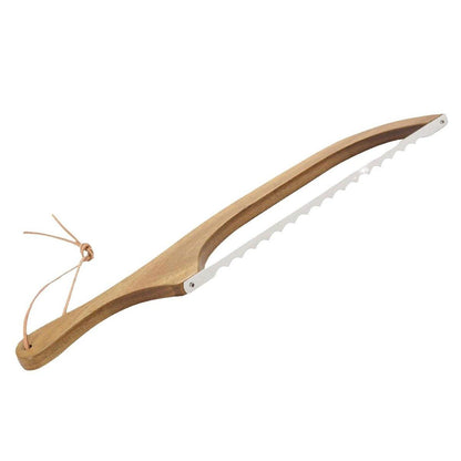 Wooden tool with a curved blade on a white background
