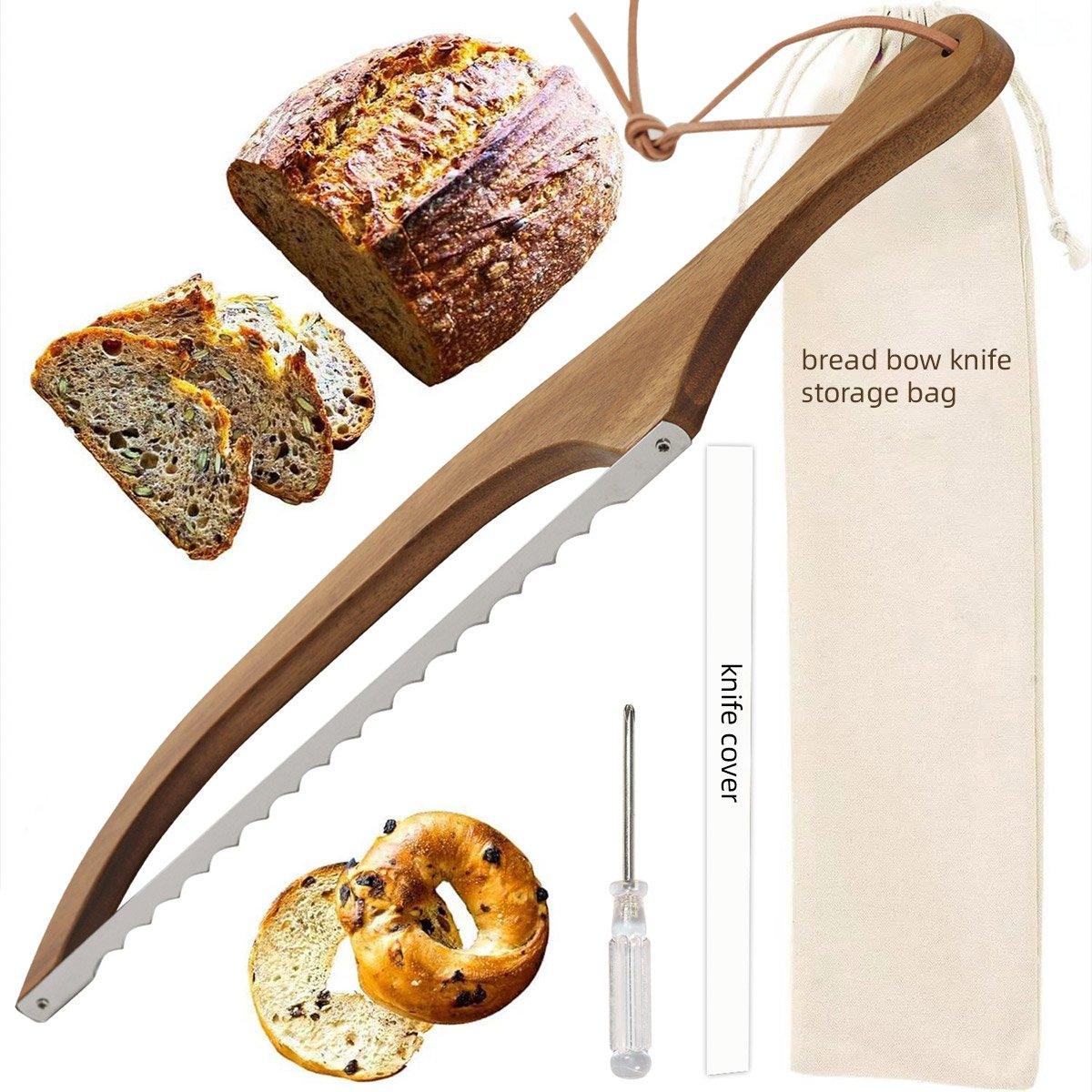 Bread knife set with bread slices, knife cover, and storage bag on a white background