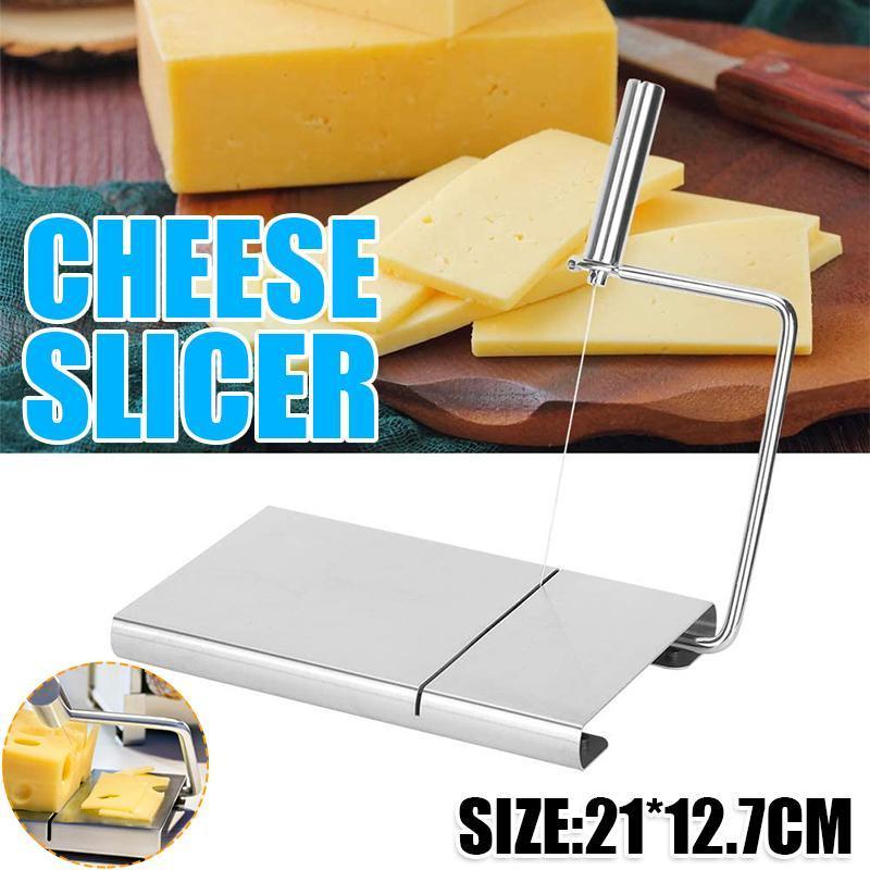 Cheese slicer with sliced cheese on a wooden board, featuring the product name and size.