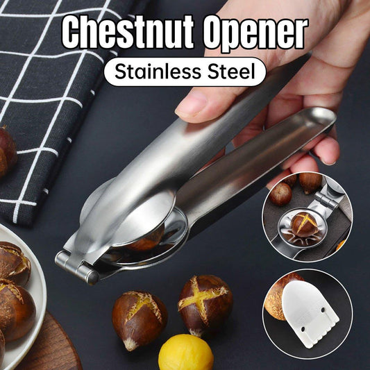 Stainless steel chestnut opener with chestnuts on a dark surface