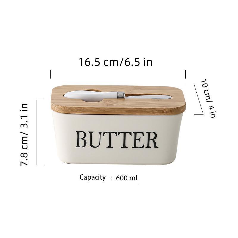 Butter container with wooden lid and measurements on a white background