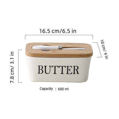 Butter container with wooden lid and measurements on a white background