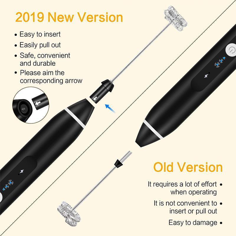 Comparison of a 2019 new version and an old version of a black device with text highlighting features.