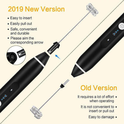 Comparison of a 2019 new version and an old version of a black device with text highlighting features.