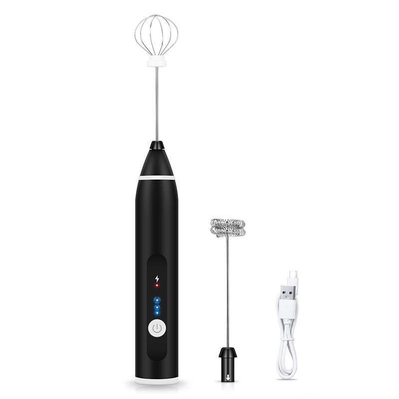 Black handheld milk frother with attachments on a white background