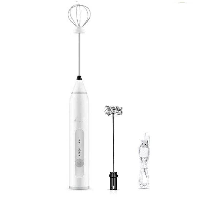 White handheld milk frother with attachments on a white background