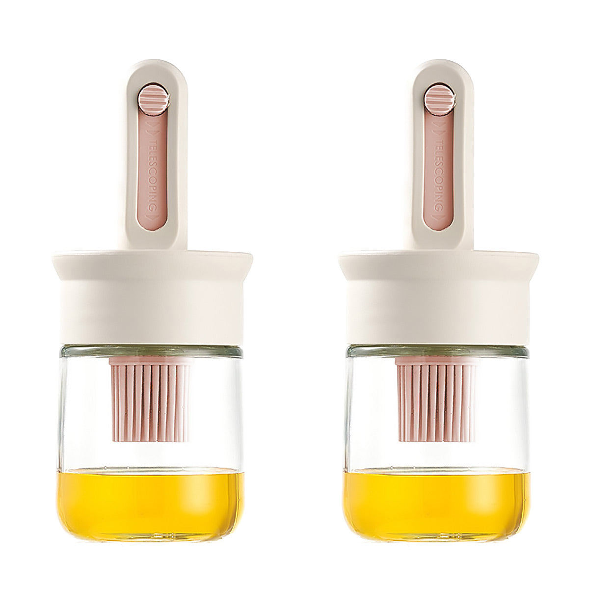 Two glass containers with pink silicone brushes and yellow liquid on a white background