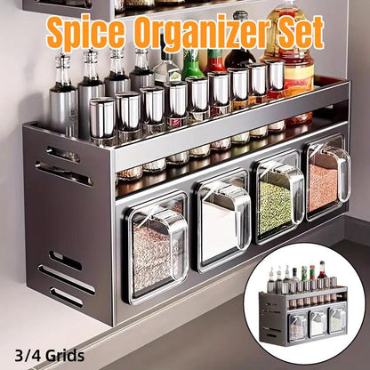 Spice organizer set with various spices on a white background