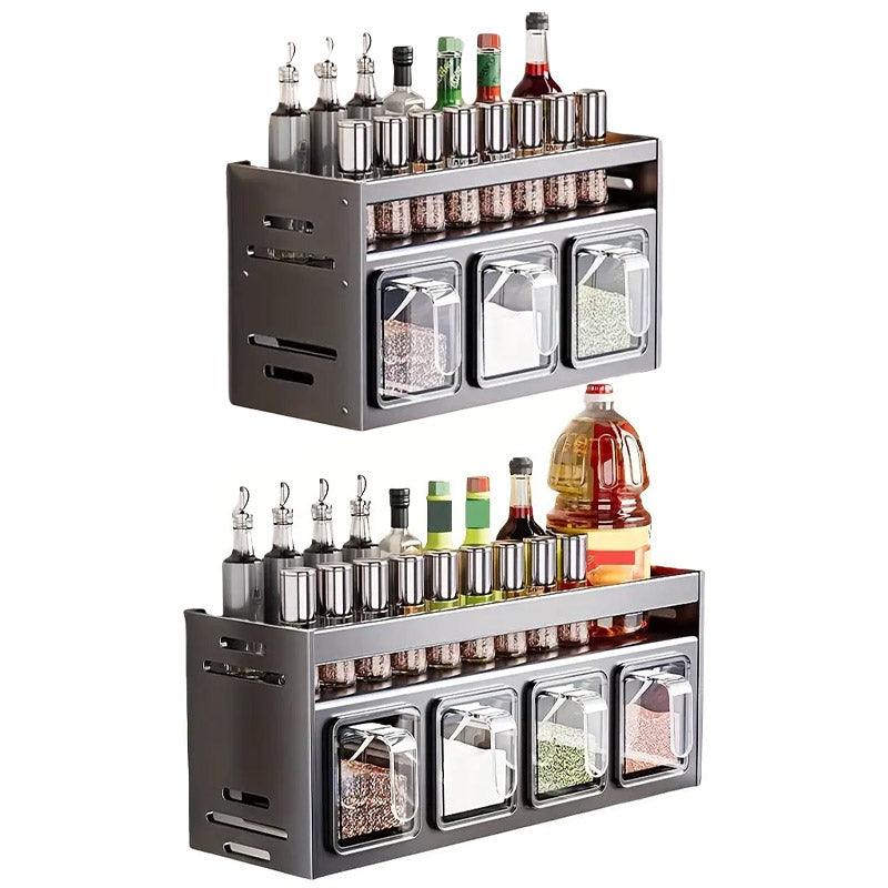 Two-tiered spice rack with various bottles and containers on a white background