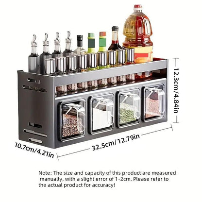 Kitchen spice rack with various bottles and containers, showing measurements on a white background.