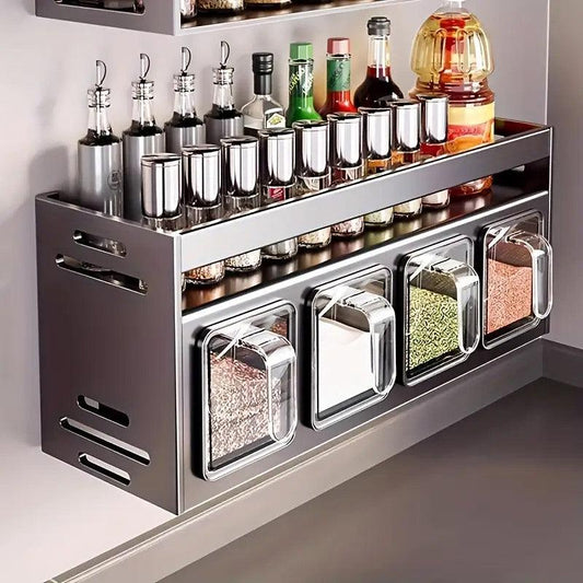 Spice rack with various bottles and containers on a kitchen shelf.
