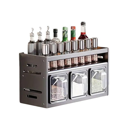 Spice rack with various bottles and containers on a white background