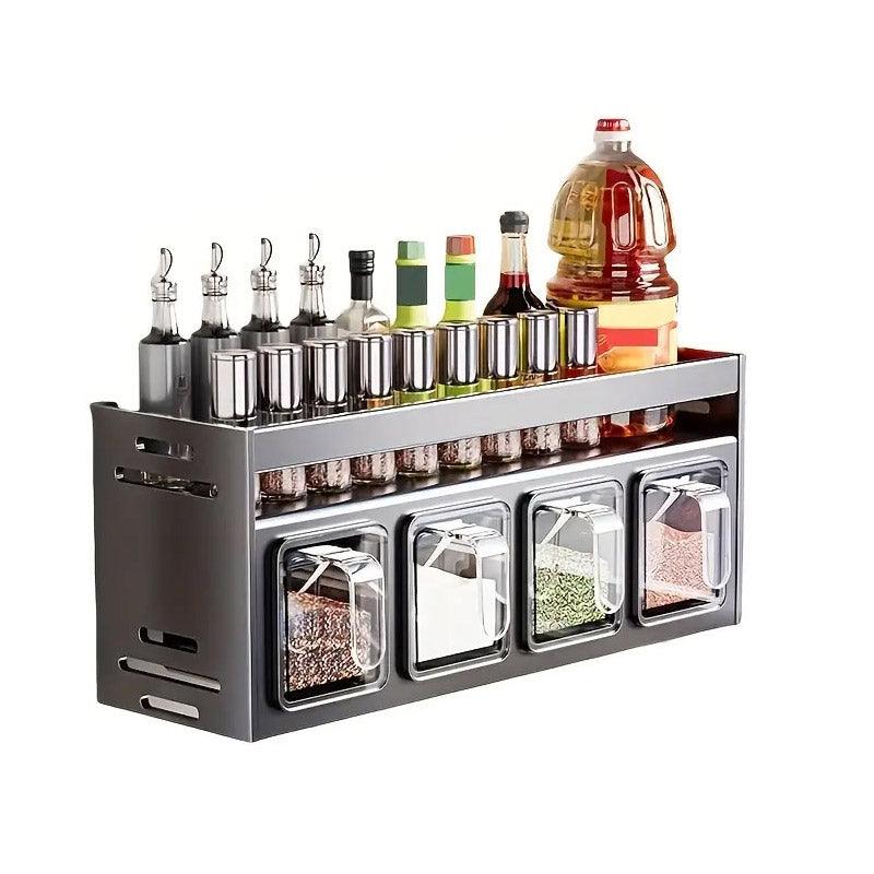 Kitchen spice rack with various bottles and containers on a white background