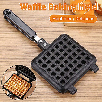 Waffle baking mold on a wooden surface with a waffle inside, labeled 'Waffle Baking Mold'.