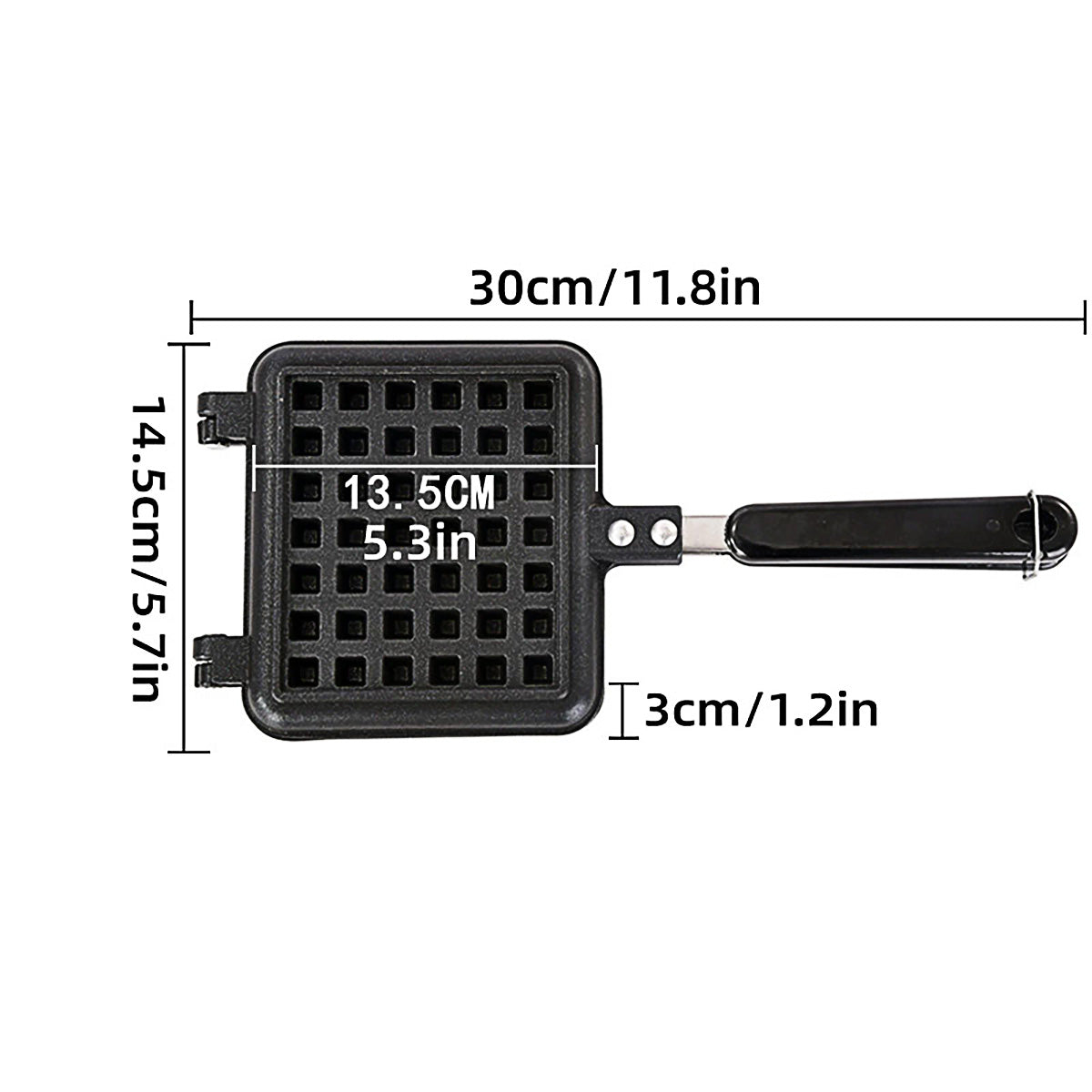 Black waffle maker with dimensions labeled on a white background