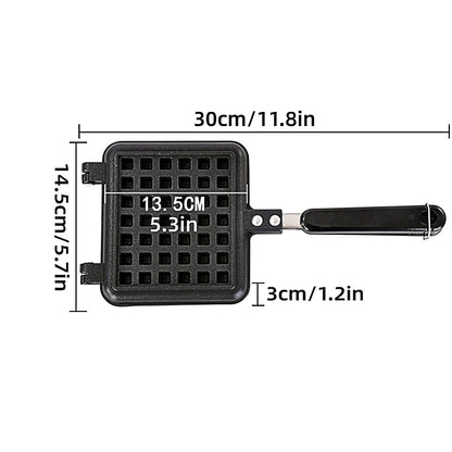 Black waffle maker with dimensions labeled on a white background