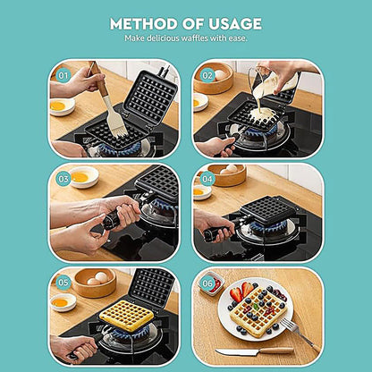 Step-by-step guide on how to use a waffle maker with images of the process and final product.