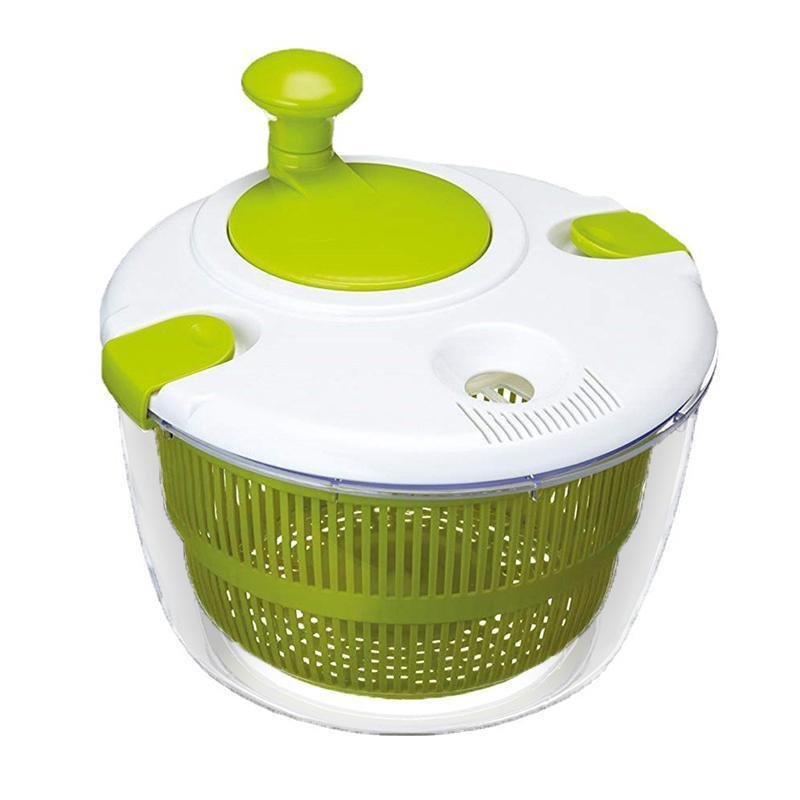 Green and white salad spinner on a white background
