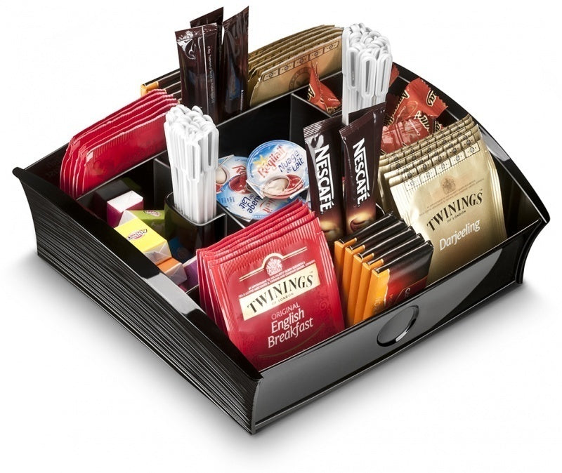 Black organizer with assorted tea and coffee packets including Twinings and Nescafe.