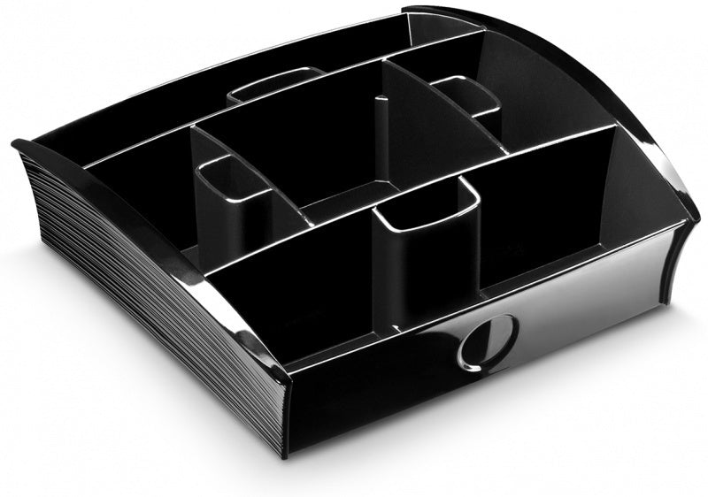 Black office organizer with compartments on a white background