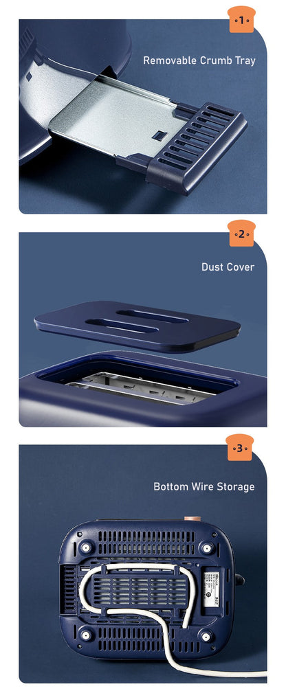 Product features including a removable crumb tray, dust cover, and bottom wire storage on a blue background.