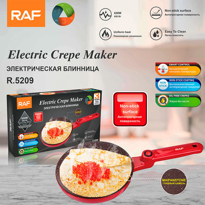 RAF Electric Crepe Maker with packaging and features displayed on a blurred background