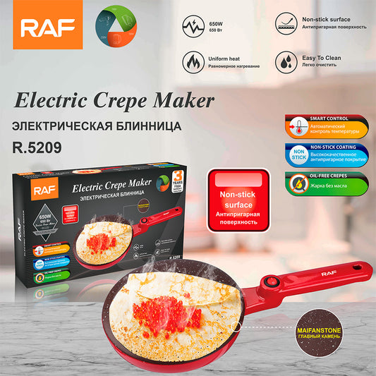 RAF Electric Crepe Maker with packaging and features displayed on a blurred background