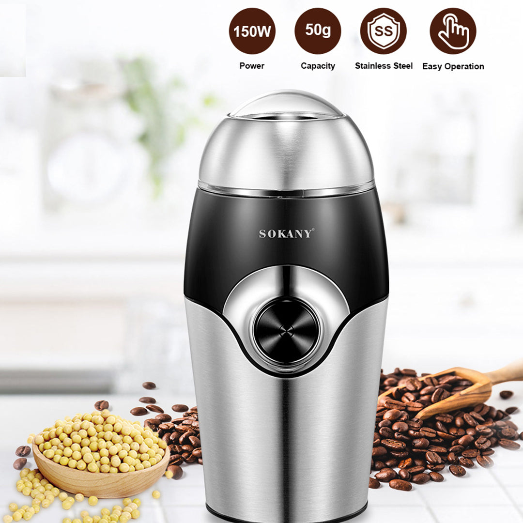 SOKANY coffee grinder with features like power, capacity, stainless steel, and easy operation on a blurred background.
