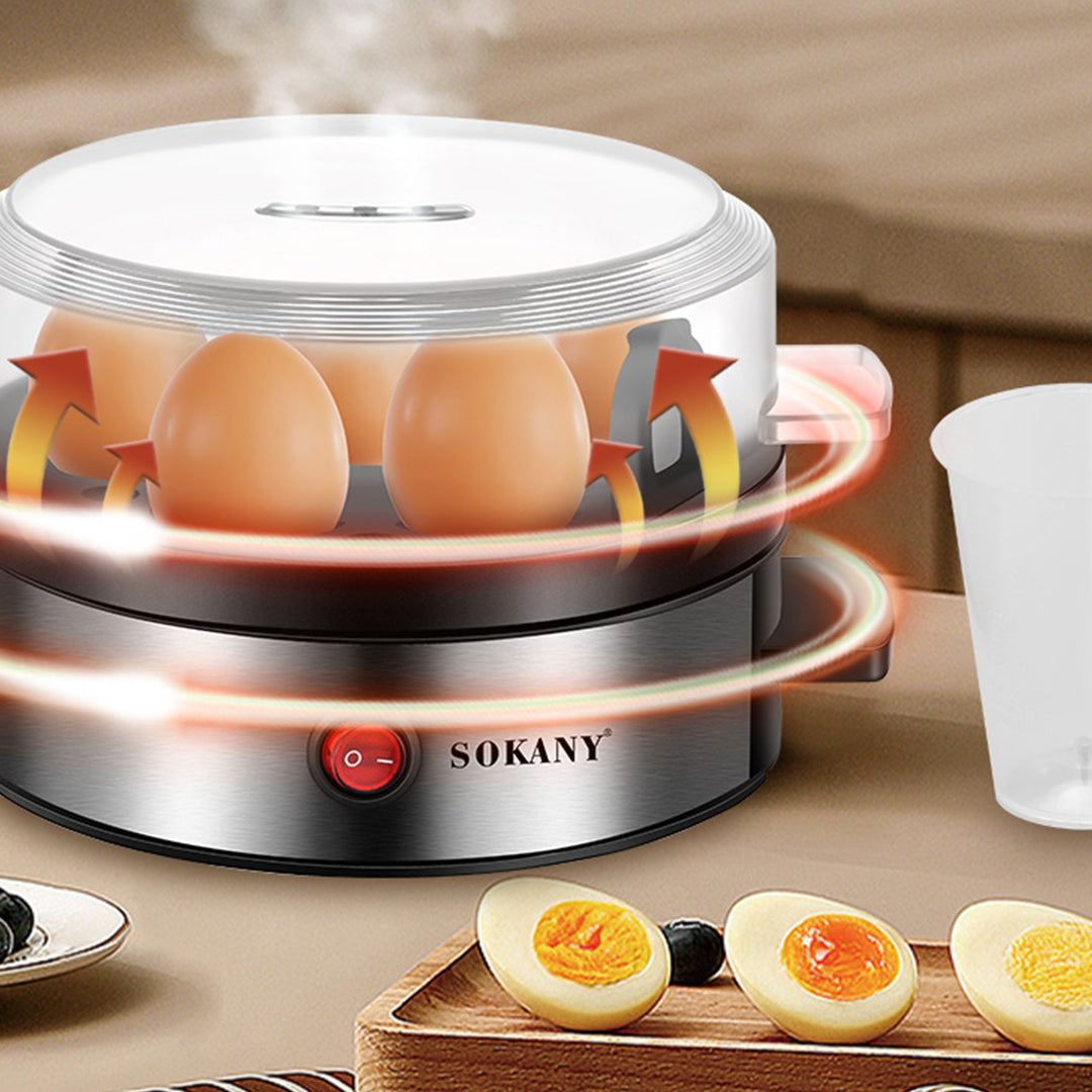 SOKANY egg cooker with eggs inside, displaying a close-up of cooked eggs on a cutting board.