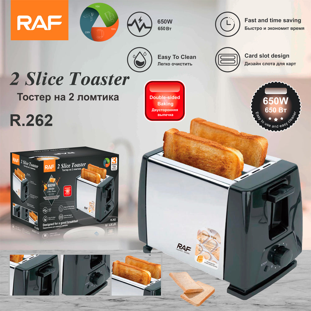 RAF 2-slice toaster with packaging on a gray surface