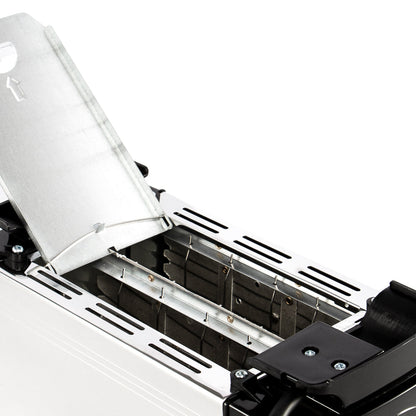 Close-up of a mechanical device with a transparent cover on a white background