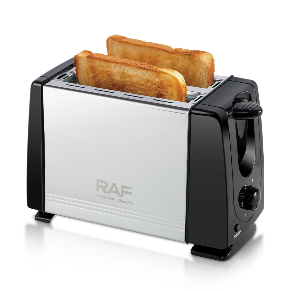 Toaster with two slices of toast inside on a white background, featuring the RAF brand.