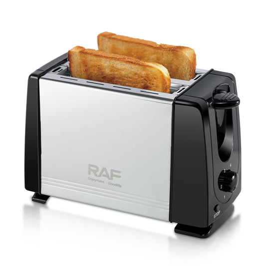Toaster with two slices of toast inside on a white background, featuring the RAF brand.