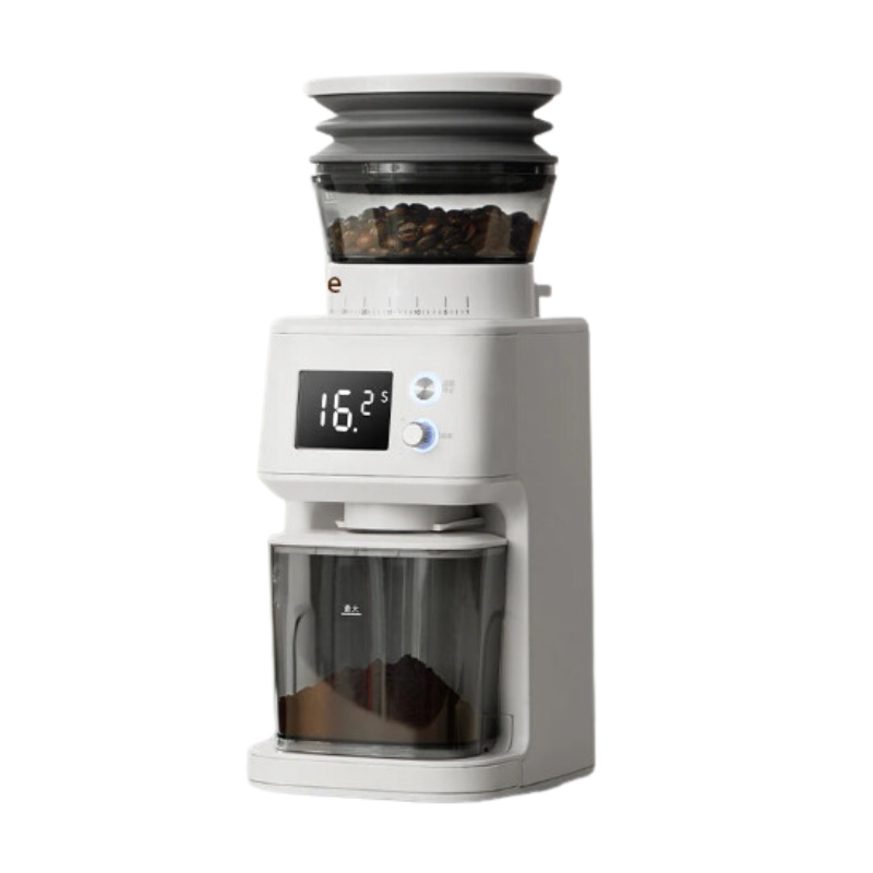 Coffee grinder with digital display and glass container on a white background