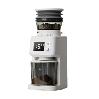 Coffee grinder with digital display and glass container on a white background