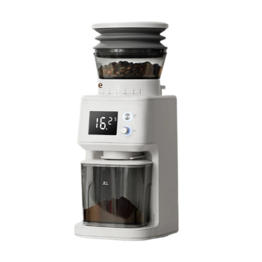 Coffee grinder with digital display and glass container on a white background