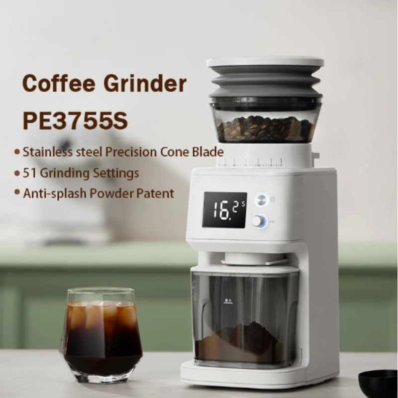Coffee grinder with digital display and coffee cup on a light background