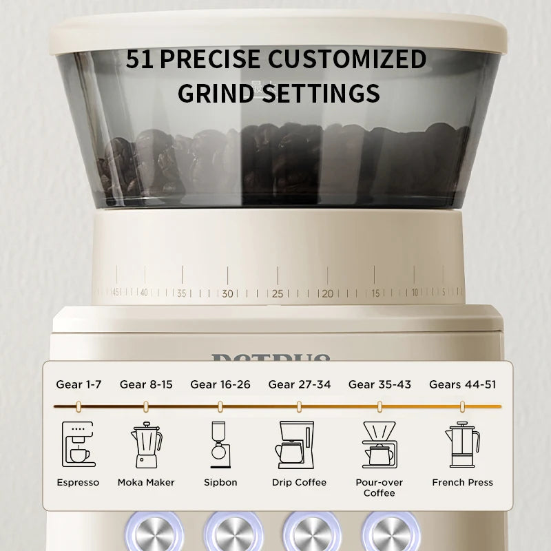 Coffee grinder with customizable grind settings on a light gray background