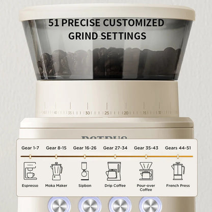 Coffee grinder with customizable grind settings on a light gray background