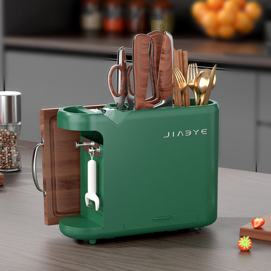 Green knife block with cutlery on a kitchen counter, featuring the brand 'JIABYE'.