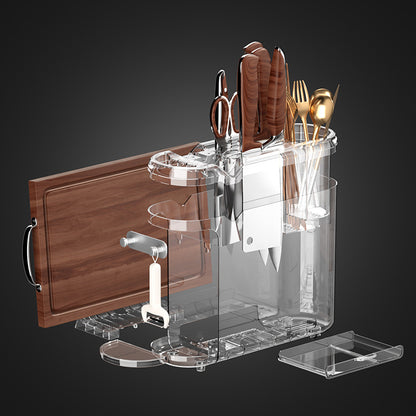 Clear kitchen utensil holder with cutting board, knives, and utensils on a dark background