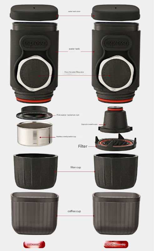 Disassembled coffee maker with labeled parts on a white background