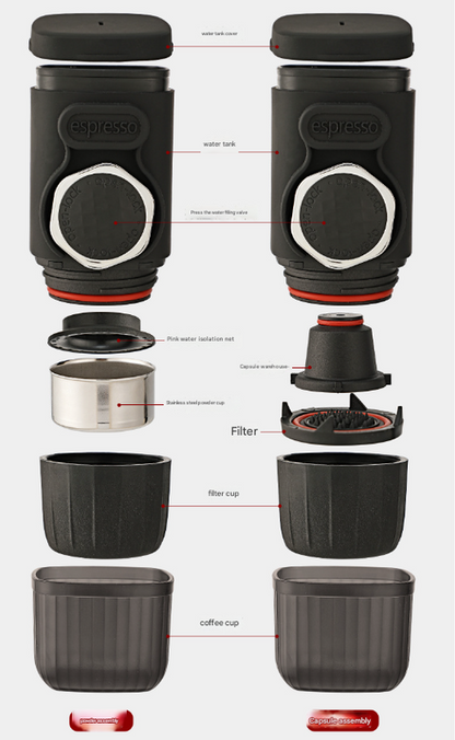 Disassembled coffee maker with labeled parts on a white background
