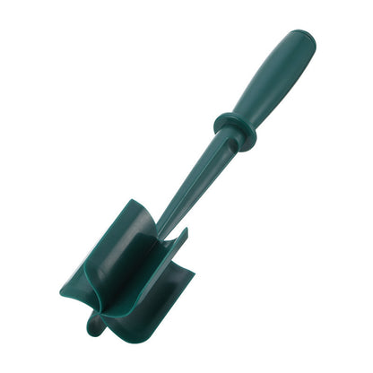 Green gardening tool with a handle on a white background